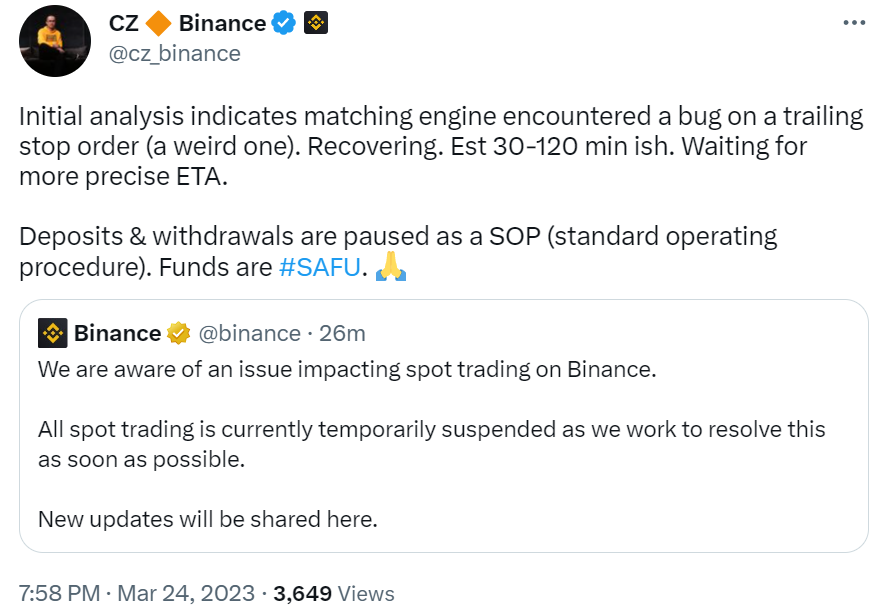 CZ：预计需要30-120分钟左右恢复，资金是安全的-第1张图片-币安下载
