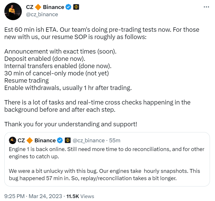 CZ：预计60分钟左右恢复交易-第1张图片-币安下载