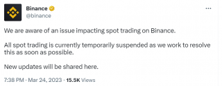币安：现货交易出现问题已暂停，正努力解决