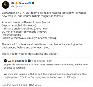 CZ：预计60分钟左右恢复交易